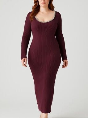 WAYF Cinthia Jewel Neck Long Sleeve Rib Midi Aubergine Dress Large